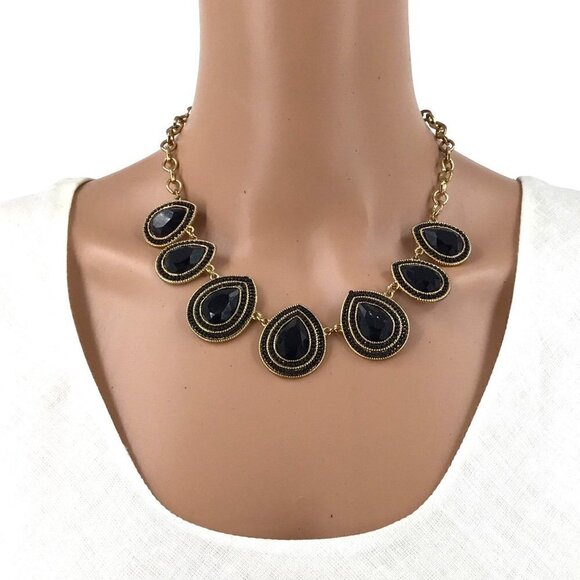 Teardrop Statement Necklace Gold Tone Black Adjustable Length - Picture 1 of 3